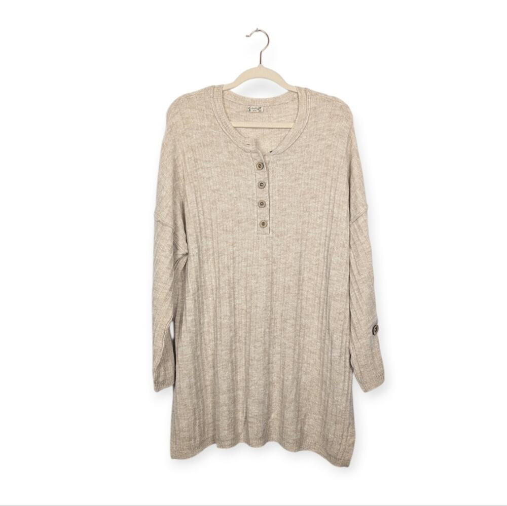 ree People Intimately Henley Tunic M Beige Ribbed Long Sleeve Boho Casual Cozy
